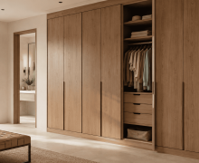 Armario a medida de madera en dormitorio moderno con puertas abatibles y espacio interior organizado