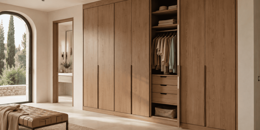 Armario a medida de madera en dormitorio moderno con puertas abatibles y espacio interior organizado