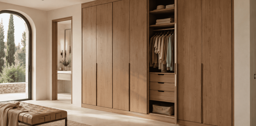 Armario a medida de madera en dormitorio moderno con puertas abatibles y espacio interior organizado